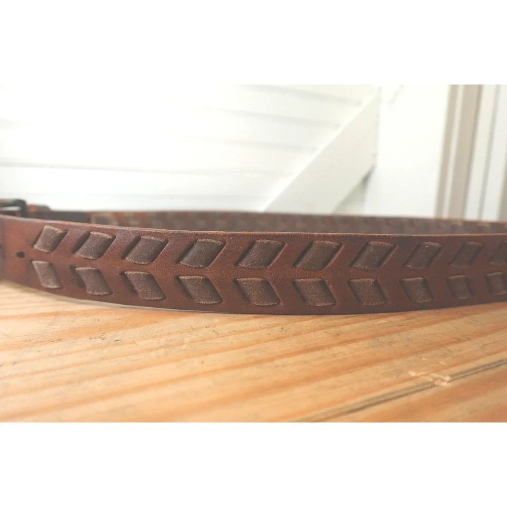 Brown Leather Chevron Braided Belt Men's XL Copper Buckle Two-Tone Vintage Boho